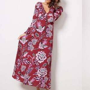 FARM RIO PINEAPPLE INSPIRATION BURGUNDY V NECK MAXI DRESS FLORAL PRINT Size XS
